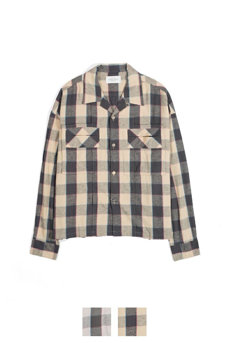 値下げしました！UNUSED アンユーズド チェックシャツ 長袖 ベージュ×ネイビー メンズ UNUSED - UNUSED / アンユーズド | hooded check shirt / フーデッド