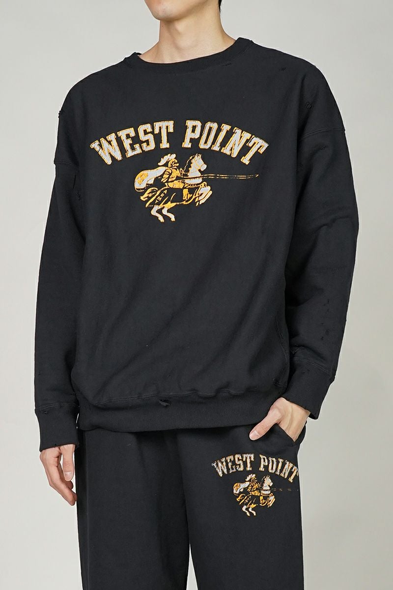 BOW WOW バウワウ WEST POINT SWEATSHIRT ウエストポイント スウェットシャツ クルーネック トレーナー プリントスウェット 褪色加工 ヴィンテージ加工 Black DAMAGED XL