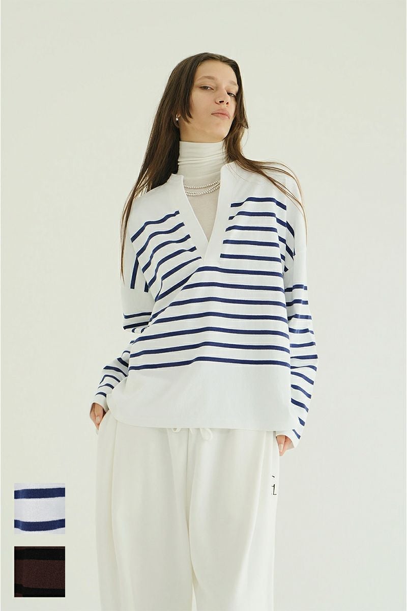 CLANE クラネWIDE HENLEY NECK BORDER TOPS CLANE - WIDE HENRY NECK BORDER TOPS - BEIGE | ADDICT WEB SHOP