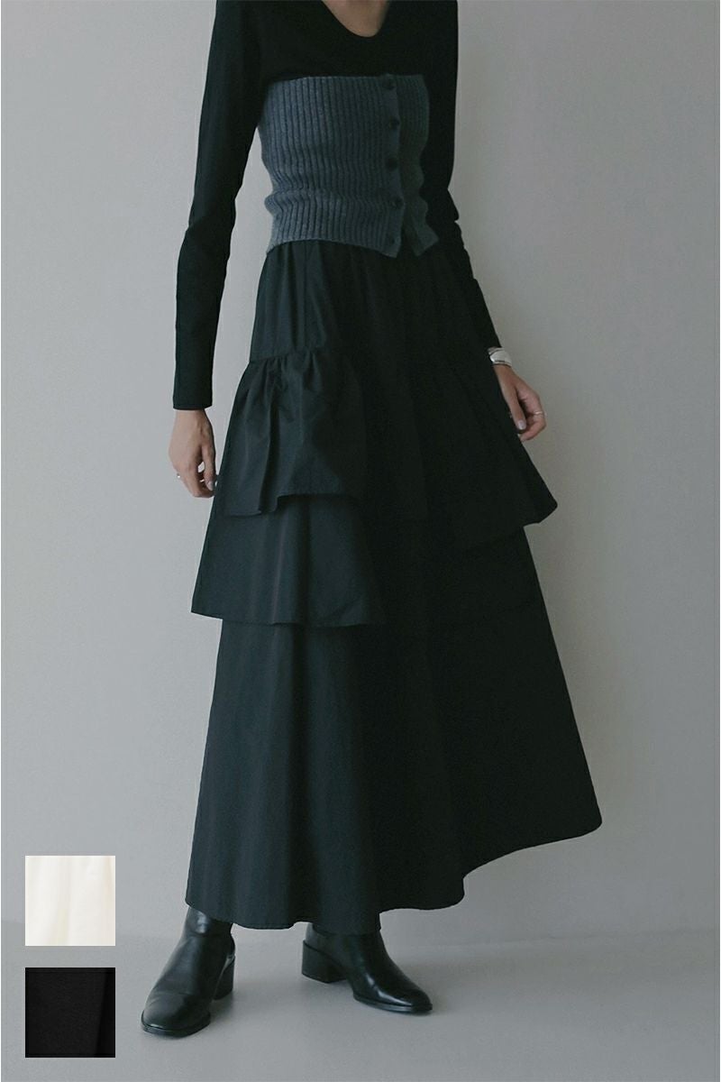 【RT-92251】（2点セット）WW黒スカート＆緑ストール MANOF(マノフ) | MANOF(マノフ)ASYMMETRY TIERED SKIRT アシンメトリー