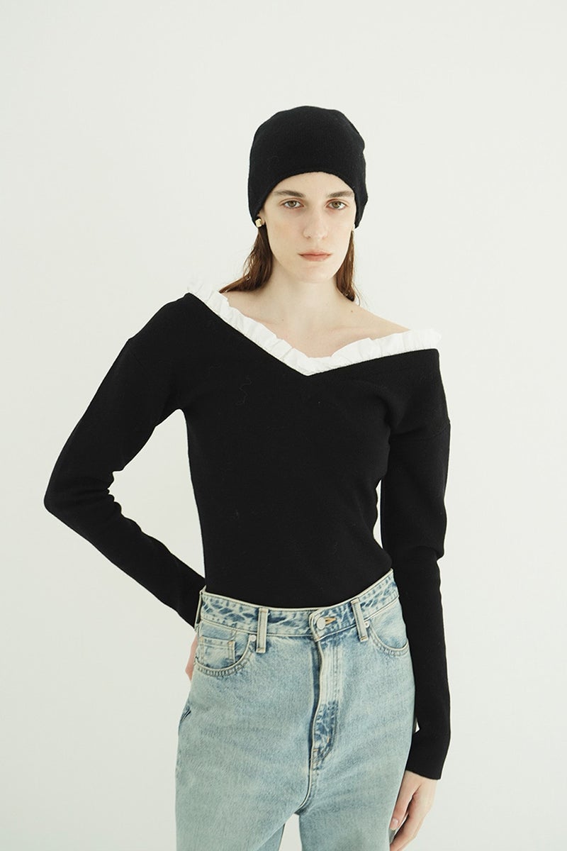 CLANE(クラネ) 2WAY FRILL V NECK KNIT TOPS 2ウェイフリルVネックニットトップス 11106-2113